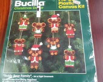 Vintage Bucilla Christmas Decor Pre-Cut Plastic Canvas Kit 61023 Teddy Bear Family Set of Eight Ornaments