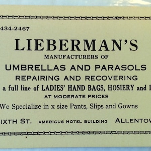 Antique Lieberman&#39;s Manufacturers of Umbrellas and Parasols Advertising Card