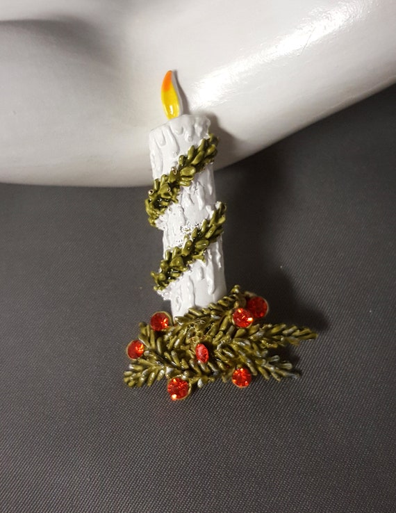 1970's Vintage Christmas Candle Pin Brooch Signed… - image 1