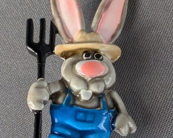 Rare 1970's JJ Enamel Bunny Farmer with Pitchfork Pin JJ Whimsical Enamel Bunny Pin JJ Novelty Enamel Bunny Farmer Pin