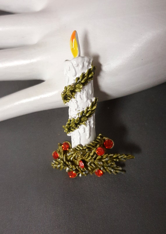 1970's Vintage Christmas Candle Pin Brooch Signed… - image 3