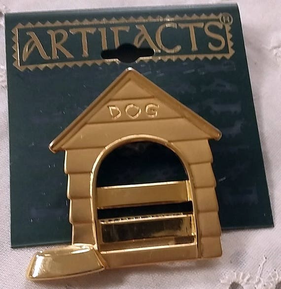 Vintage JJ Artifacts Dog House Picture Pin Gold T… - image 1