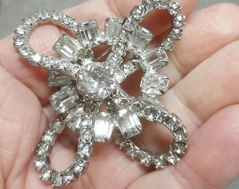 Vintage  Kramer of New York Clear Prong Set Rhinestone Dimensional Bow Pin Brooch Mid-Century Rhinestone Vintage Glitz