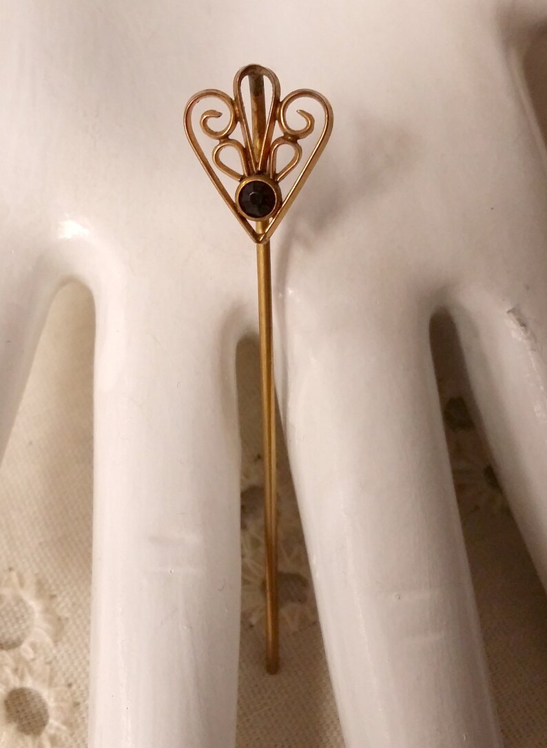 Antique Gold Wash Openwork Stickpin Black Faceted Rhinestone Stick Pin Cravat Pin Open Worked Art Deco Curled Brass