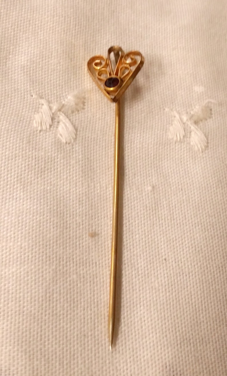 Antique Gold Wash Openwork Stickpin Black Faceted Rhinestone Stick Pin Cravat Pin Open Worked Art Deco Curled Brass