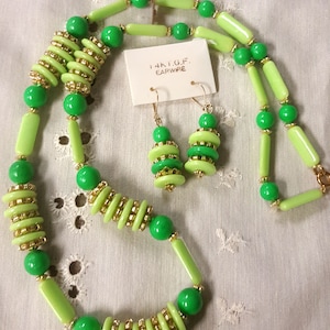 1960s Hong Kong Green Plastic Necklace and Earring Set New Old Stock Woolworth&#39;s