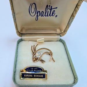May include: A gold-filled pin with a stylized design of a fish with a clear stone in the center. The pin is in a blue and white box with the text "Opalite" and "12 KT. GOLD FILLED AURORA BOREALIS".