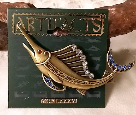 JJ Artifacts Swordfish Pin Rhinestone Antique Brass Finish NOS