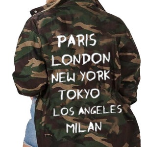 Camo jacket with writing on back best sale