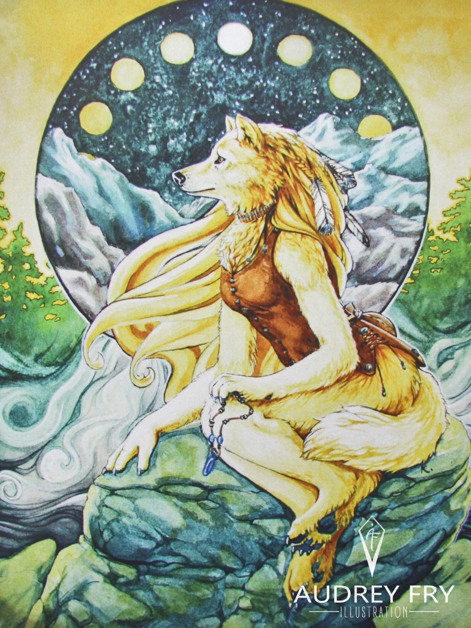 Seven Moons Art Print / Wolf Moon Art / Anthro Wolf Print / Etsy