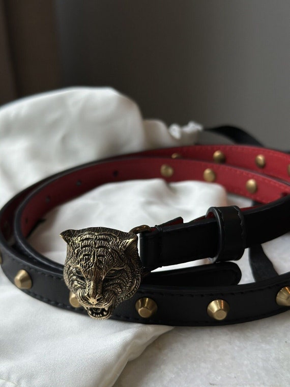 New Authentic Gucci Studded Leather Belt Feline Ti