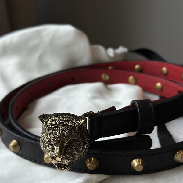 New Authentic Gucci Studded Leather Belt Feline Tiger Head Leather Made In Italy