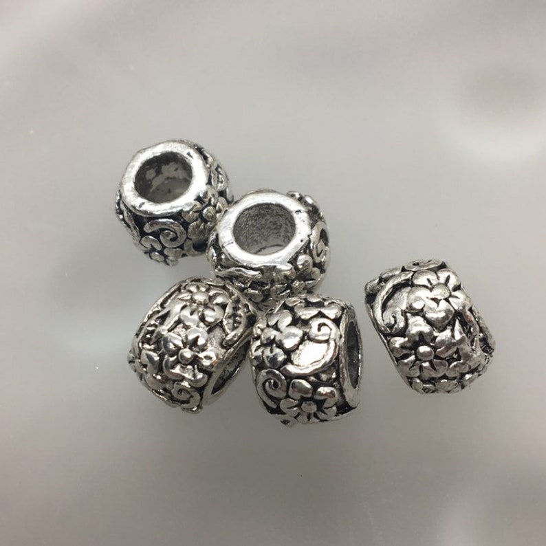 ANTIQUE SILVER~TUBE~TIBETAN STYLE~EUROPEAN~SPACER BEADS~9 x 7 MM~ 4.5 MM HOLE
