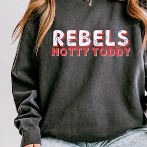Puede incluir: Sudadera gris oscuro con las palabras "REBELS HOTTY TODDY" en un diseño rojo y blanco con detalles florales azules. Sudadera de estilo casual.