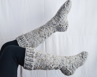 Chunky knit knee high house wool socks in marble//grey tweed MADE to ORDER custom color available