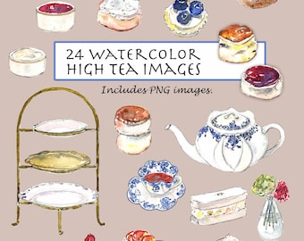 CLIP ART- Watercolor High Tea Set. 24 Images. Digital Download. Tea Time. High Tea Party. Afternoon. Scones. Teapot. Sweet Tart. Sandwich.