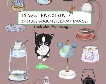 CLIP ART- Watercolor Vintage Candle Warmer Lamp Set. 16 Images. Digital Download. Electric Lamp. Candle Warmer. Scent. Home Decor. Black Cat