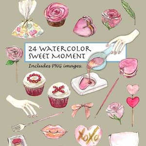CLIP ART- Watercolor Sweet Moment Set. 24 Images. Digital Download. Valentine.  Pink. Heart Shaped Dessert. Macaron. Cupcake. Hands. Rose.