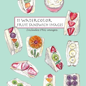 CLIP ART- Watercolor Fruit Sandwich Set. 11 Images. Digital Download. Japanese Dessert. Heavy Whipped Cream. Strawberry. Kiwi. Grape. Orange
