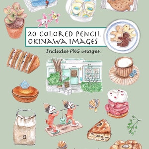 CLIP ART- Colored Pencil Okinawa Set. 20 Images. Digital Download. Japan. Ohacorte. Ippe Coppe. Toast. Scone. Bread Packaging. Coffee. Cake.