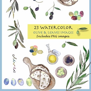 CLIP ART- Watercolor Olive & Leaves Set. 23 Images. Digital Download. Olive Leaf. Bread. Wooden Board. Olive Oil. Olives.