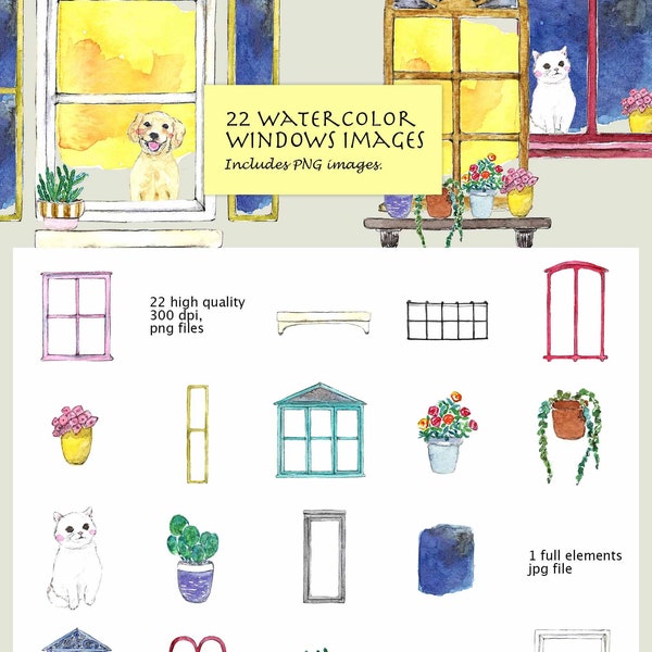 CLIP ART- Watercolor Windows Set. 22 Images. Digital Download. Frames. Doggy. White Cat. Plant Pots. Light.
