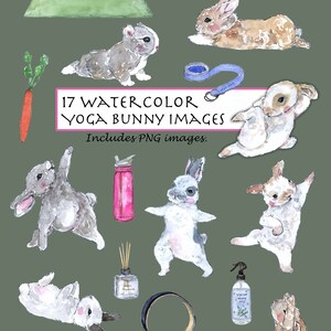 CLIP ART- Watercolor Yoga Bunny Set. 17 Images. Digital Download. Yoga. Funny Bunny. Rabbit Play. Animal Yoga. Carrot. Yoga Strip.