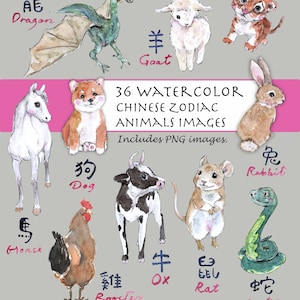 CLIP ART- Watercolor Cute Chinese Zodiac Animals Set. 36 Images. Digital Download. 12 Animals.