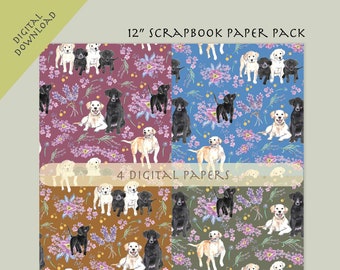 Watercolor Digital Paper, Instant Download--12" Digital Paper Pack(4 Digital Papers), Labrador. Wrapping Paper. Wallpaper. Dog Patterns.