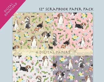 Watercolor Digital Paper, Instant Download--12" Digital Paper Pack(4 Digital Papers), Beagle. Pet Packaging. Wrapping Paper. Wallpaper.