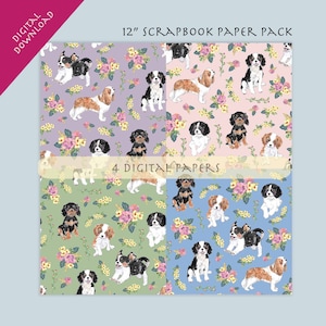 Könnte beinhalten: Vier digitale Scrapbook-Papiere mit einem sich wiederholenden Muster von Cavalier King Charles Spaniels in verschiedenen Posen mit floralen Akzenten. Die Papiere sind in den Farben Lila, Rosa, Grün und Blau.