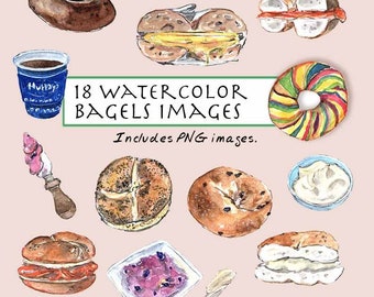 CLIP ART- Watercolor Bagels Set. 18 Images. Digital Download. New York Bagels. Rainbow Bagel. Cream Cheese Spread. Everything Bagel.
