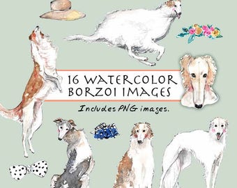 CLIP ART- Watercolor Borzoi Set. 16 Images. Digital Download. Puppy. Doggy. Bow Tie. Russian Wolfhound.