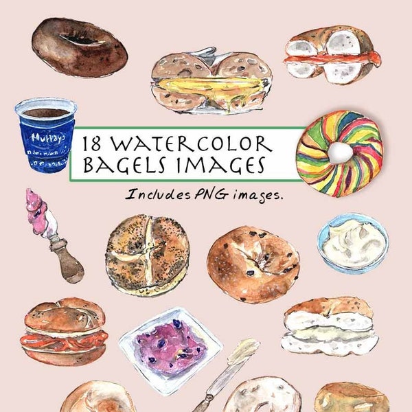 CLIP ART- Watercolor Bagels Set. 18 Images. Digital Download. New York Bagels. Rainbow Bagel. Cream Cheese Spread. Everything Bagel.