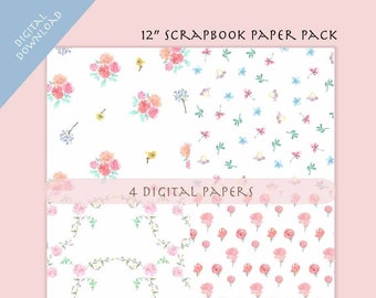 May include: A 12" scrapbook paper pack featuring four digital papers. The papers display watercolor floral patterns in pink, peach, yellow, and blue on a white background. The text "DIGITAL DOWNLOAD" and "4 DIGITAL PAPERS" are visible.