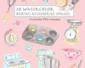 CLIP ART- Watercolor Vintage Baking Accessories Set. 20 Images. Digital Download. Life Accessories. Baking. Kitchen.