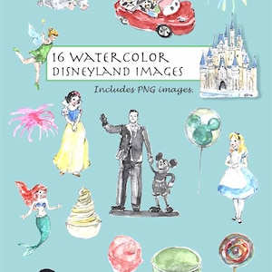 CLIP ART- Set acuarela Disneyland. 16 imágenes. Descarga digital. Sirena. Micky Ratón. Blanco como la nieve. Alicia.