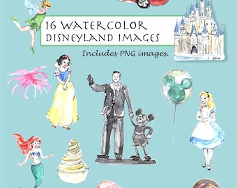 CLIP ART- Watercolor Disneyland Set. 16 Images . Digital Download. Mermaid. Micky Mouse. Snow White. Alice.