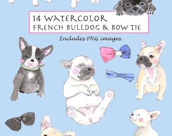 Watercolor French Bulldog Clipart Set: Puppy & Bow Tie Images (Digital Download)