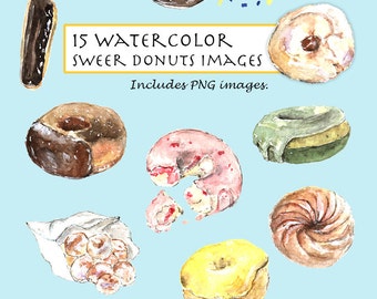 CLIP ART- Watercolor Donuts Set. 15 Images. Digital Download. Bakery. Glazed. Glossy. Chocolate. Strawberry. Sweets. Dessert. Crispy.