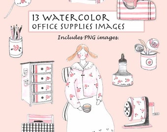 May include: A set of 13 watercolor illustrations of office supplies, including a desk lamp, a telephone, a stapler, a tape dispenser, a pencil holder, a file cabinet, a woman sitting at a desk, an ink bottle, a pencil sharpener, a chair, and a pencil case. The illustrations are in a pink and white color scheme and feature a floral pattern.