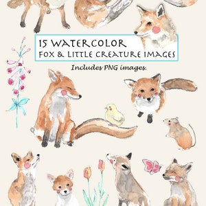 CLIP ART- Aquarell Fuchs & Tierchen Set. 15 Bilder. Digitaler Download. Fuchs. Vogel. Maus. Schmetterling. Blumen.