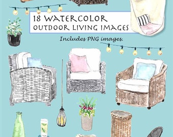 CLIP ART- Watercolor Vintage Outdoor Living Set. 18 Images. Digital Download. Patio Furniture. Potted Plant. String Lights. Pillow.