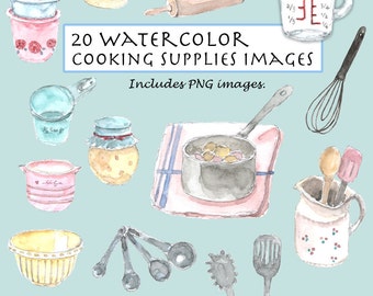 CLIP ART- Watercolor Vintage Cooking Supplies Set. 20 Images. Digital Download. Life Accessories. Baking. Kitchen.