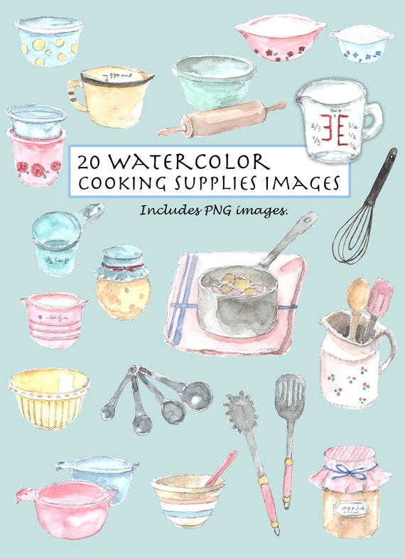 CLIP ART Watercolor Vintage Cooking Supplies Set. 20 Images. Digital  Download. Life Accessories. Baking. Kitchen. 