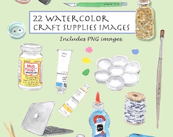 CLIP ART- Watercolor Vintage Craft Supplies Set. 22 Images. Digital Download. Glue. Scissors. Glitters. Water colors. Brush. Twine. Buttons.