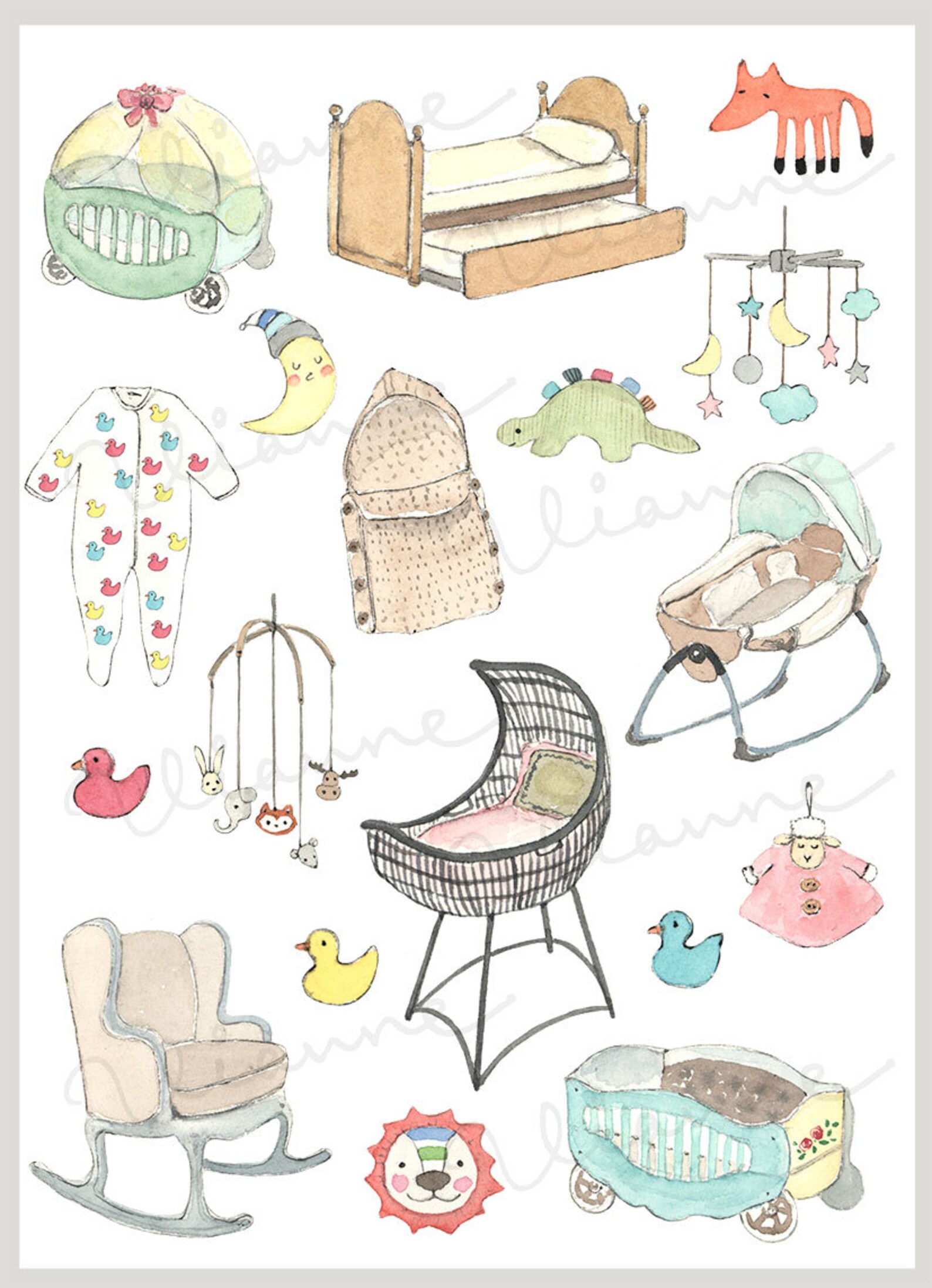 CLIP ART Watercolor Baby Sleep Set. 18 Images. Digital Download. Crib