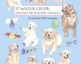 May include: A set of 17 watercolor illustrations of golden retriever dogs in various poses. The illustrations include a dog wearing a bow tie, a dog wearing a collar and tie, a dog holding a tennis ball, and a dog jumping in the air. The illustrations are perfect for use in digital scrapbooking, card making, and other craft projects. 17 Watercolor Golden Retriever Images. Includes PNG images.