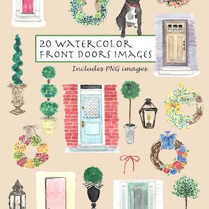 CLIP ART - Conjunto de portas de entrada vintage em aquarela. 20 imagens. Download digital. Topiárias. Coroas. Gravata borboleta. Cachorro.