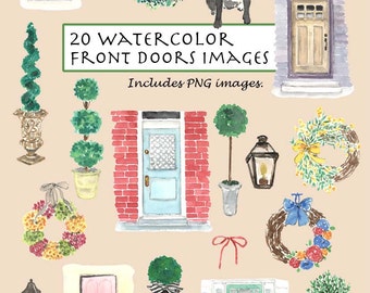 CLIP ART- Watercolor Vintage Front Doors Set. 20 Images. Digital Download. Topiaries. Wreaths. Bow Tie. Dog.